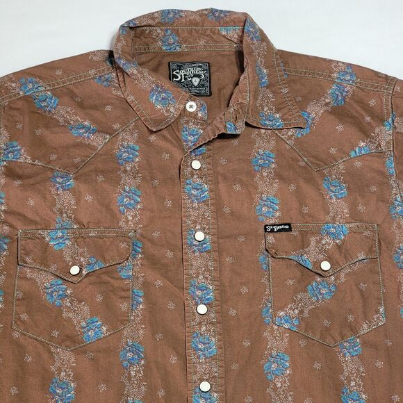 Southern Thread LS Full Pearl Snap Western Shirt Brown w Blue Flowers Size Large - Picture 1 of 5